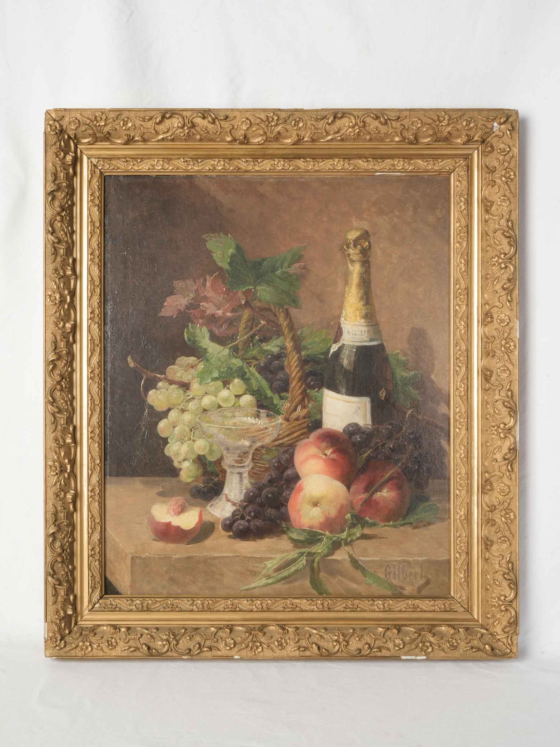 Early 20th-Century French Oil on Canvas Still Life w/ Champagne & Fruit - 27¼" x 23¾"