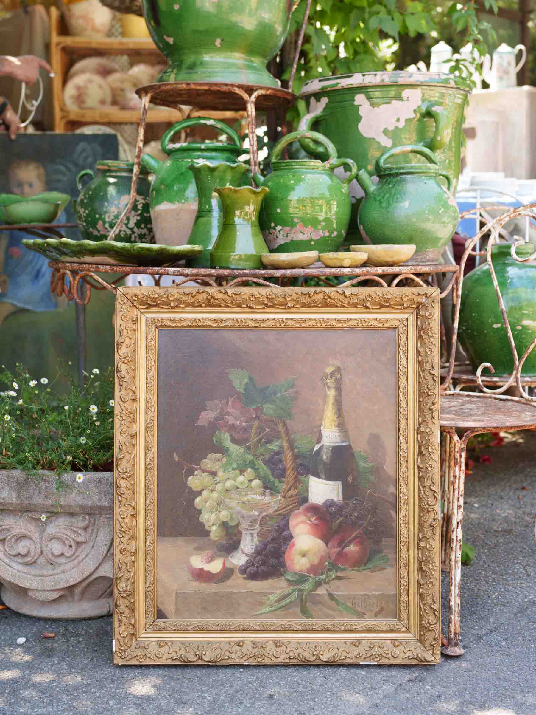 Early 20th-Century French Oil on Canvas Still Life w/ Champagne & Fruit - 27¼" x 23¾"