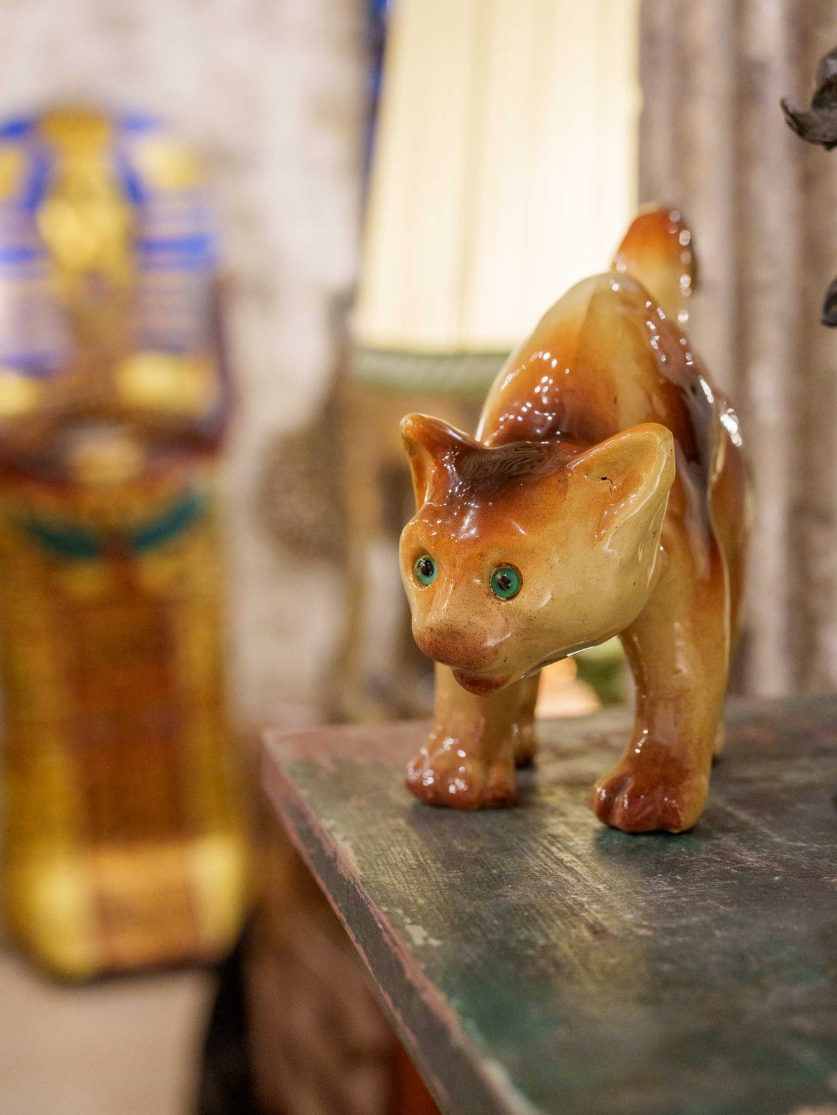 Playful Glazed Ceramic “Scaredy-Cat” Kitten, c. 1920 - 8" x 10¼"