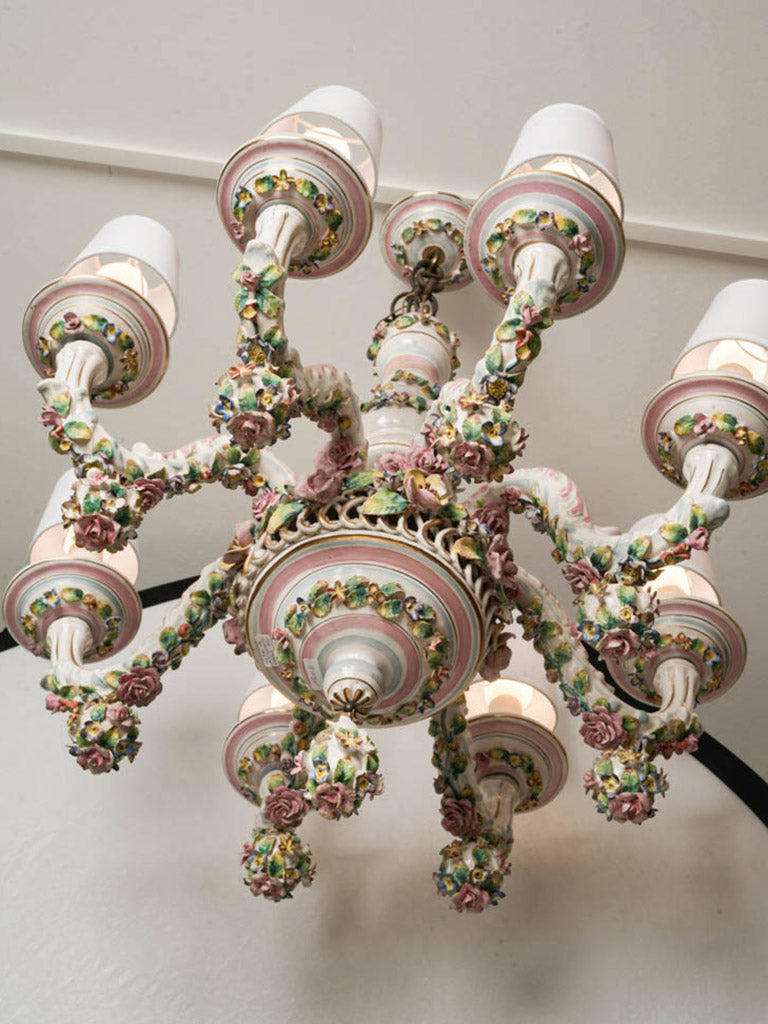 Ornate Capodimonte Floral Porcelain Chandelier Naples, Circa 1900 - 34¼" x 27¼"