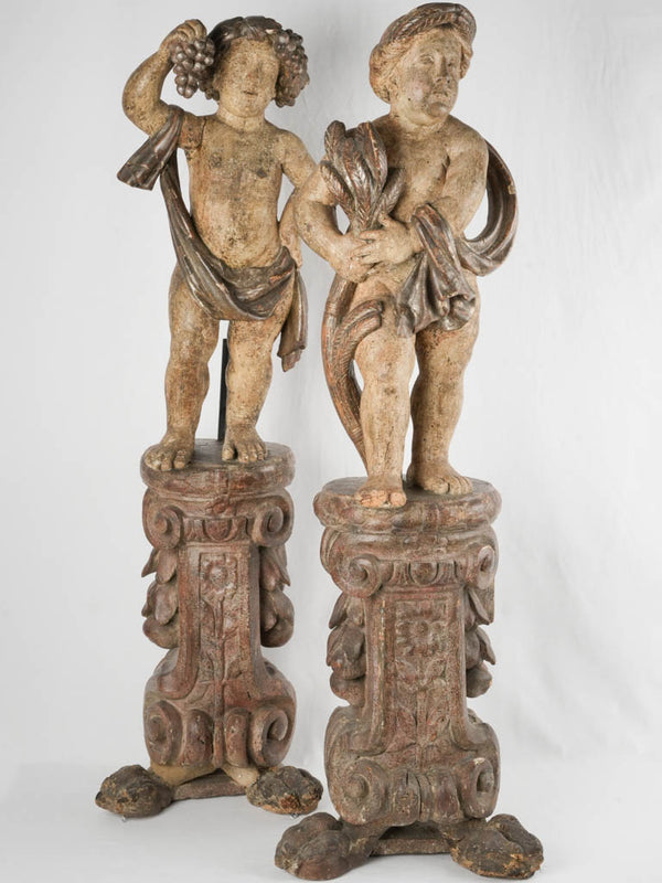 Charming, carved wooden Italian cherub statues