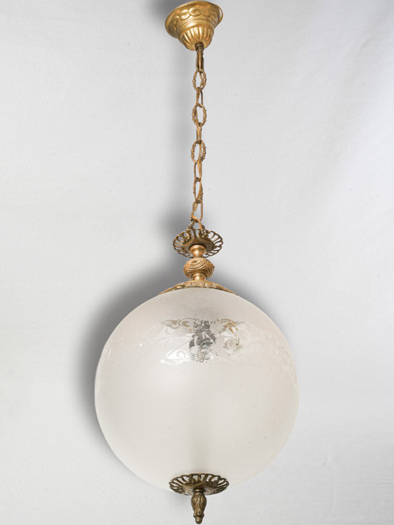 Vintage French Frosted & Engraved Glass Globe Pendant Light w/ Bronze Mounts - 31"