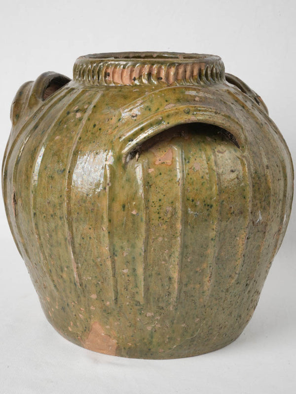 19th-century French walnut oil jar w/ speckled olive-green glaze 13½"
