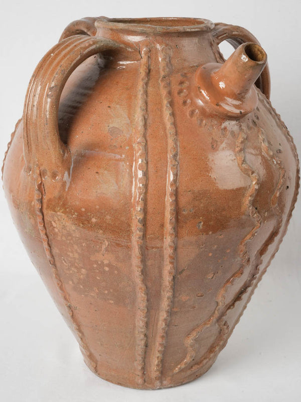 19th-century extra-large walnut oil jar w/ ochre-brown glaze 19¼"
