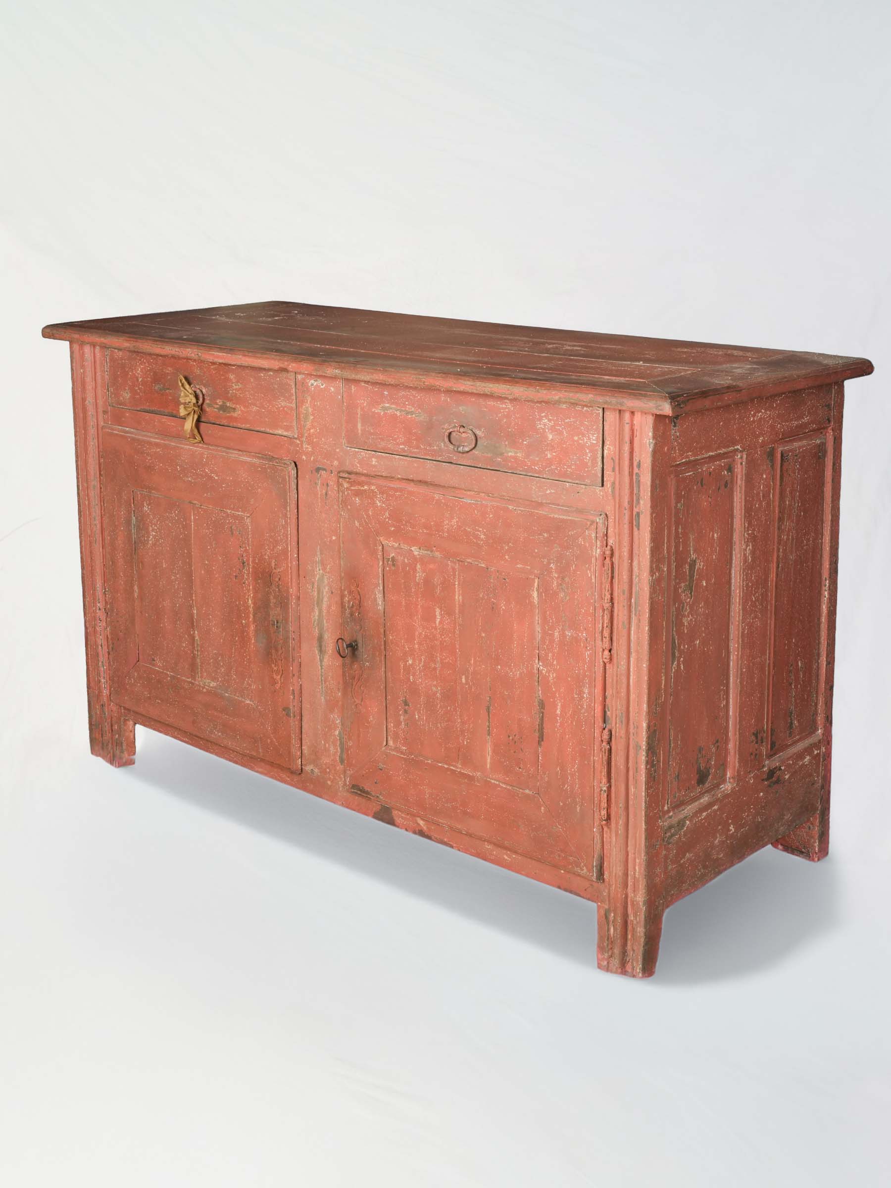 Antique French Rustic Oak Buffet w/ a Distressed Red Paint - 27¼" x 63¾"
