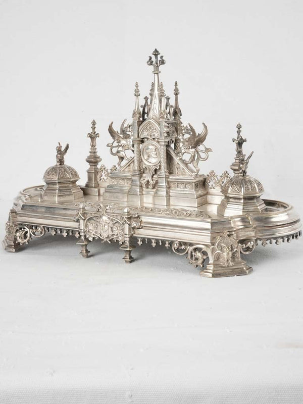 19th century writing desk inkwell - silvered bronze