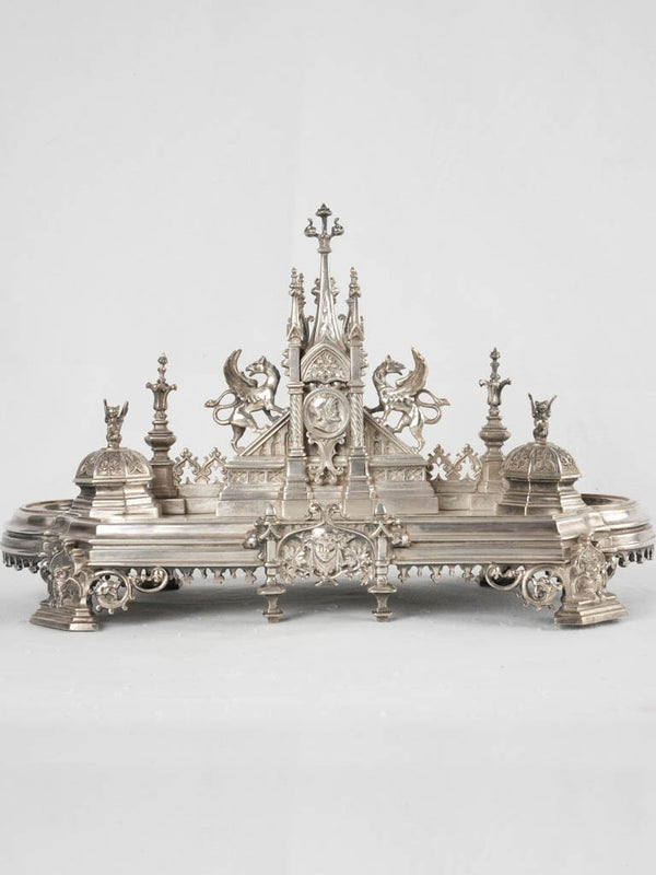 19th century writing desk inkwell - silvered bronze