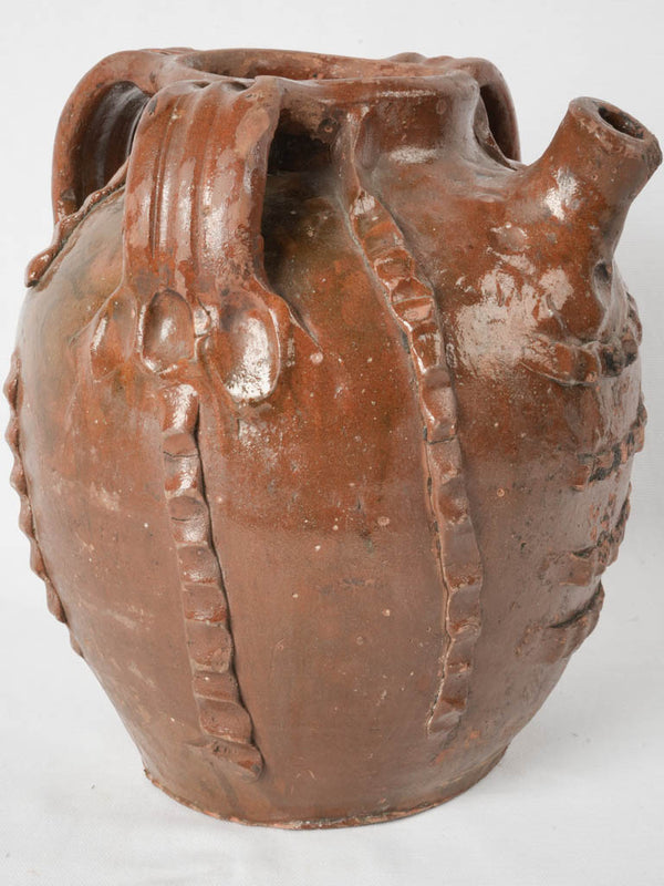 19th-century French walnut oil jar w/ maroon-brown glaze 13½"