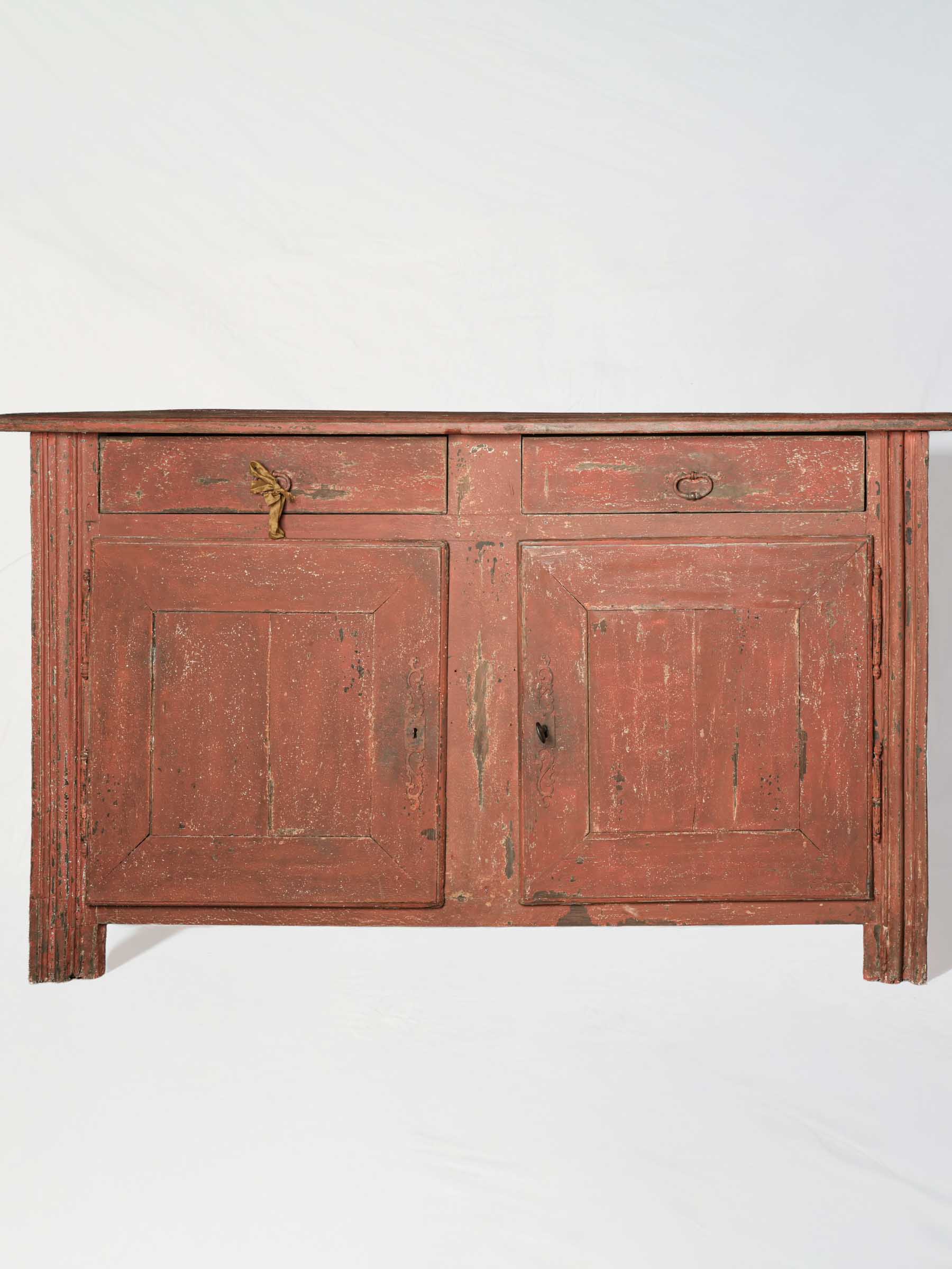 Antique French Rustic Oak Buffet w/ a Distressed Red Paint - 27¼" x 63¾"