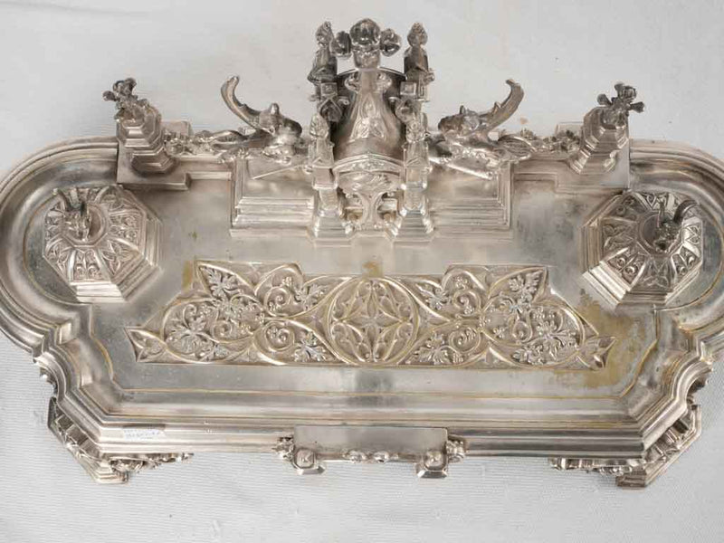 19th century writing desk inkwell - silvered bronze