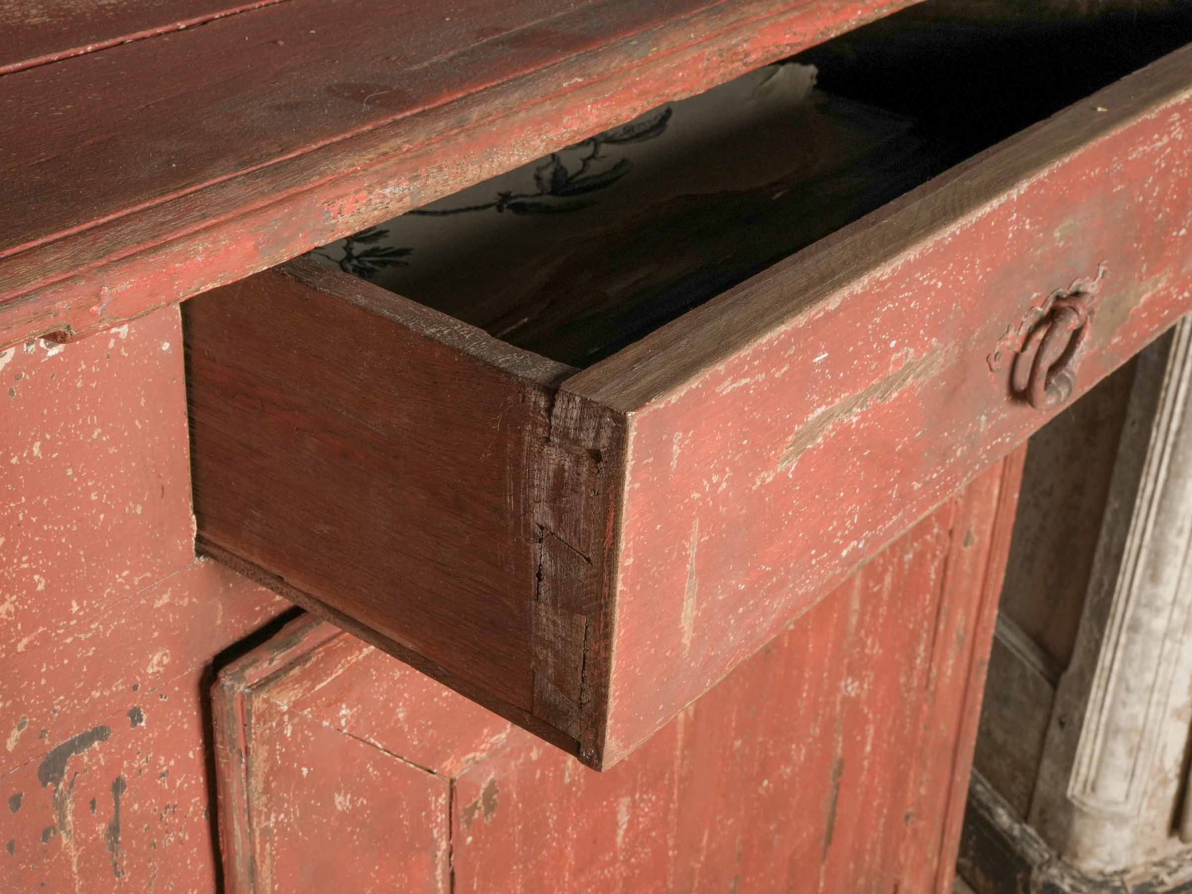 Antique French Rustic Oak Buffet w/ a Distressed Red Paint - 27¼" x 63¾"