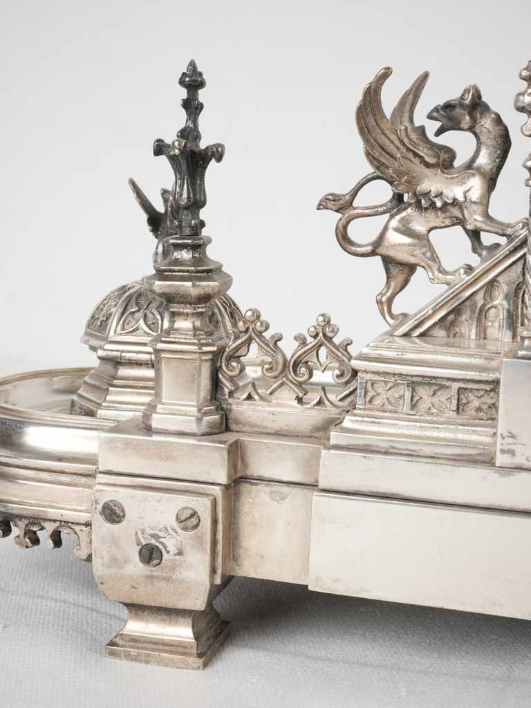 19th century writing desk inkwell - silvered bronze