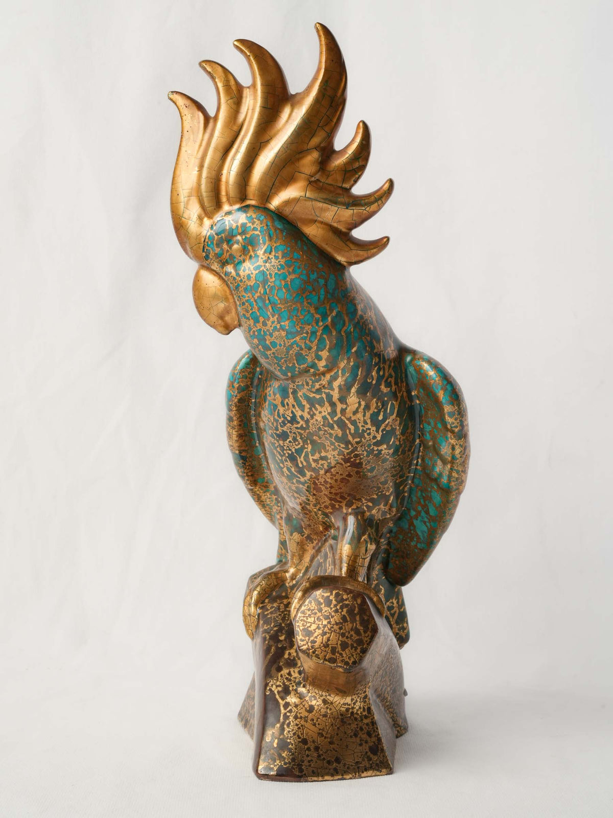 Art Deco Turquoise-and-Gold Ceramic Cockatoo, c.1930 - 17¼"