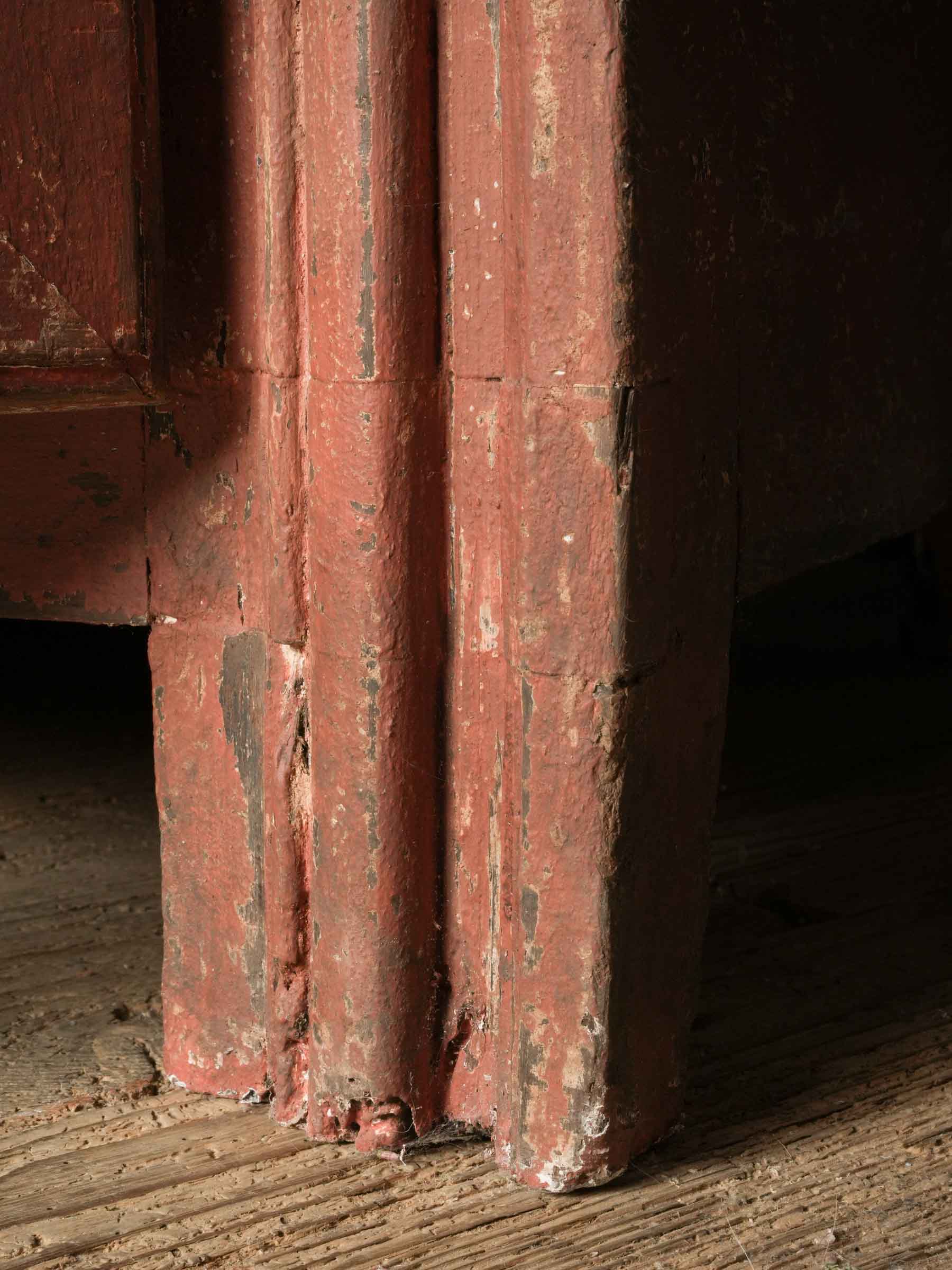 Antique French Rustic Oak Buffet w/ a Distressed Red Paint - 27¼" x 63¾"