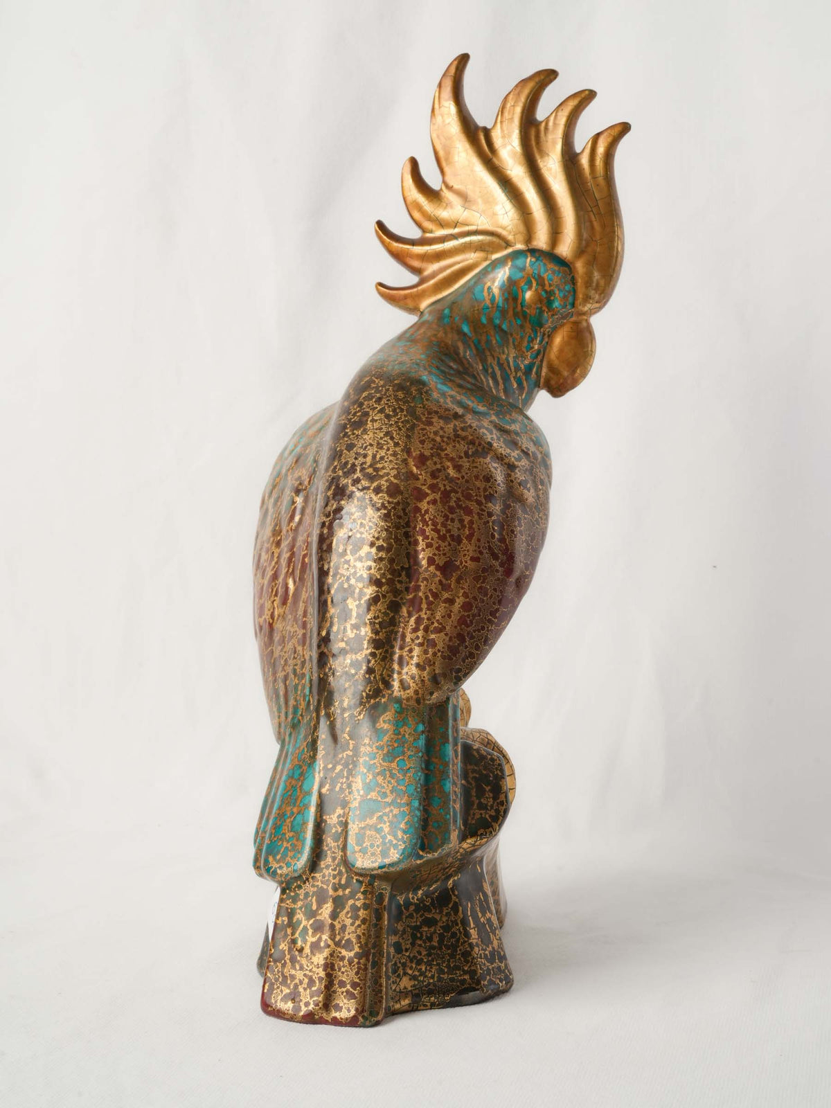 Art Deco Turquoise-and-Gold Ceramic Cockatoo, c.1930 - 17¼"