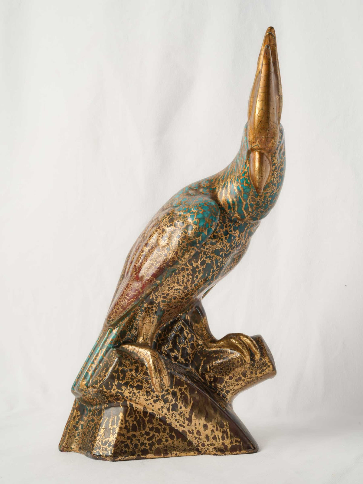 Art Deco Turquoise-and-Gold Ceramic Cockatoo, c.1930 - 17¼"