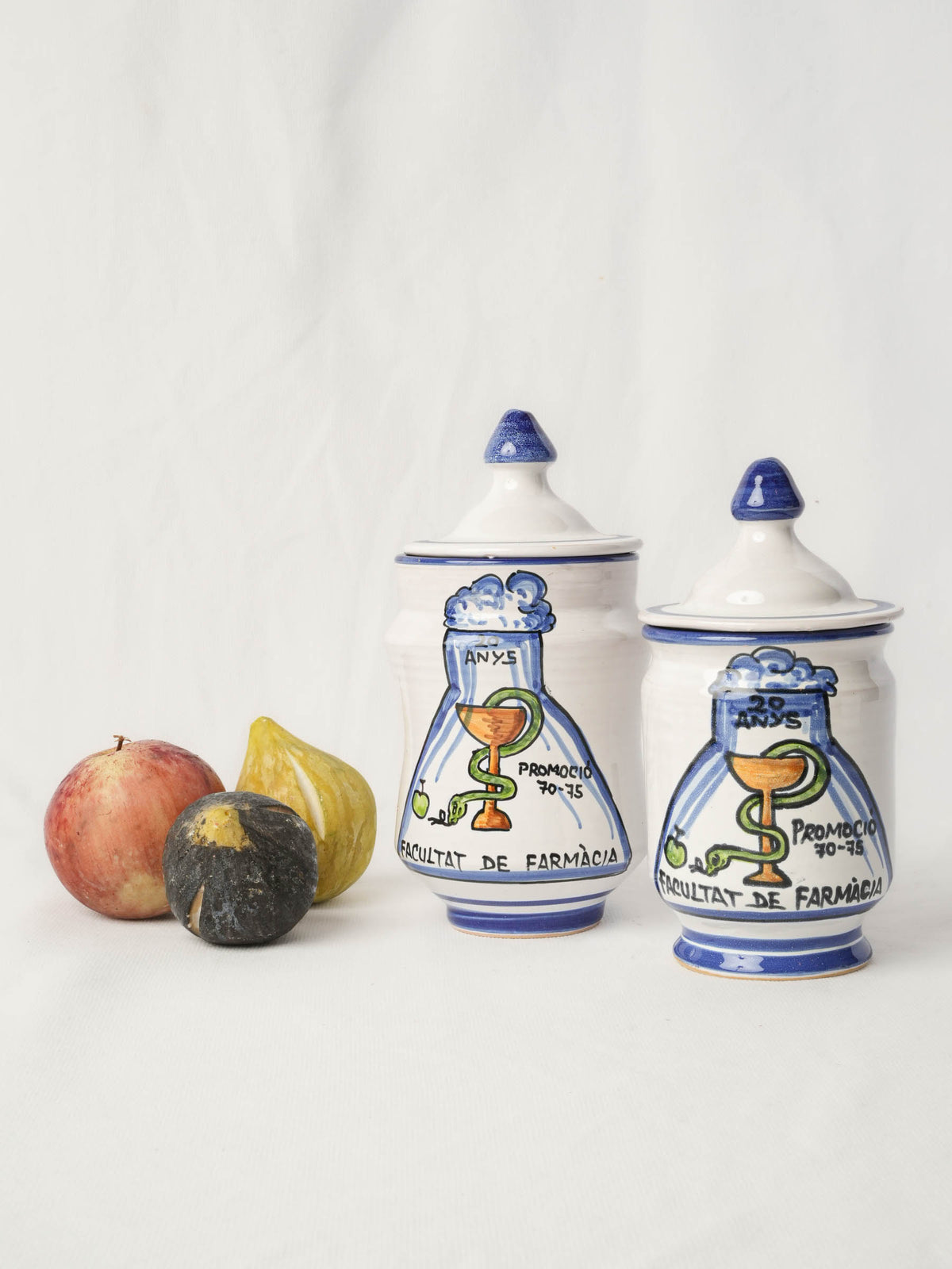 Pair of Spanish Hand-Painted Commemorative Ceramic Pharmacy Jars - 8¼" x 4"