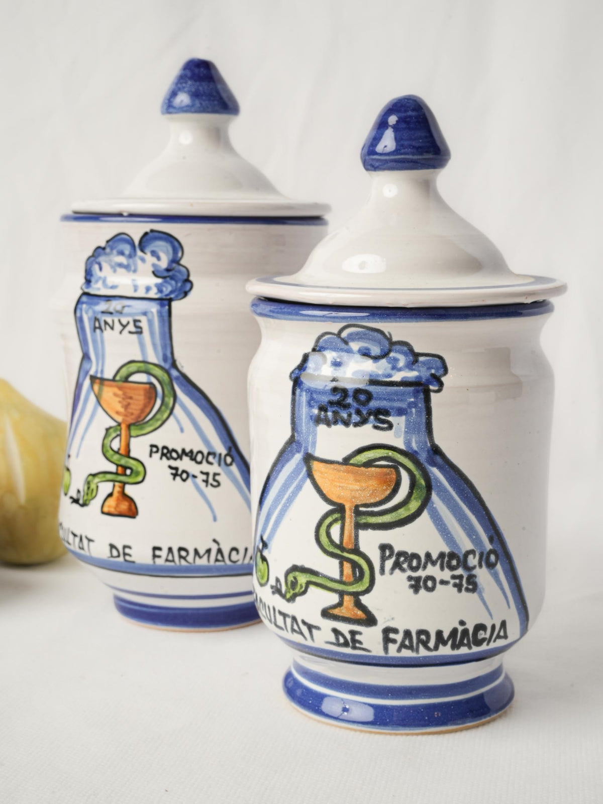 Pair of Spanish Hand-Painted Commemorative Ceramic Pharmacy Jars - 8¼" x 4"