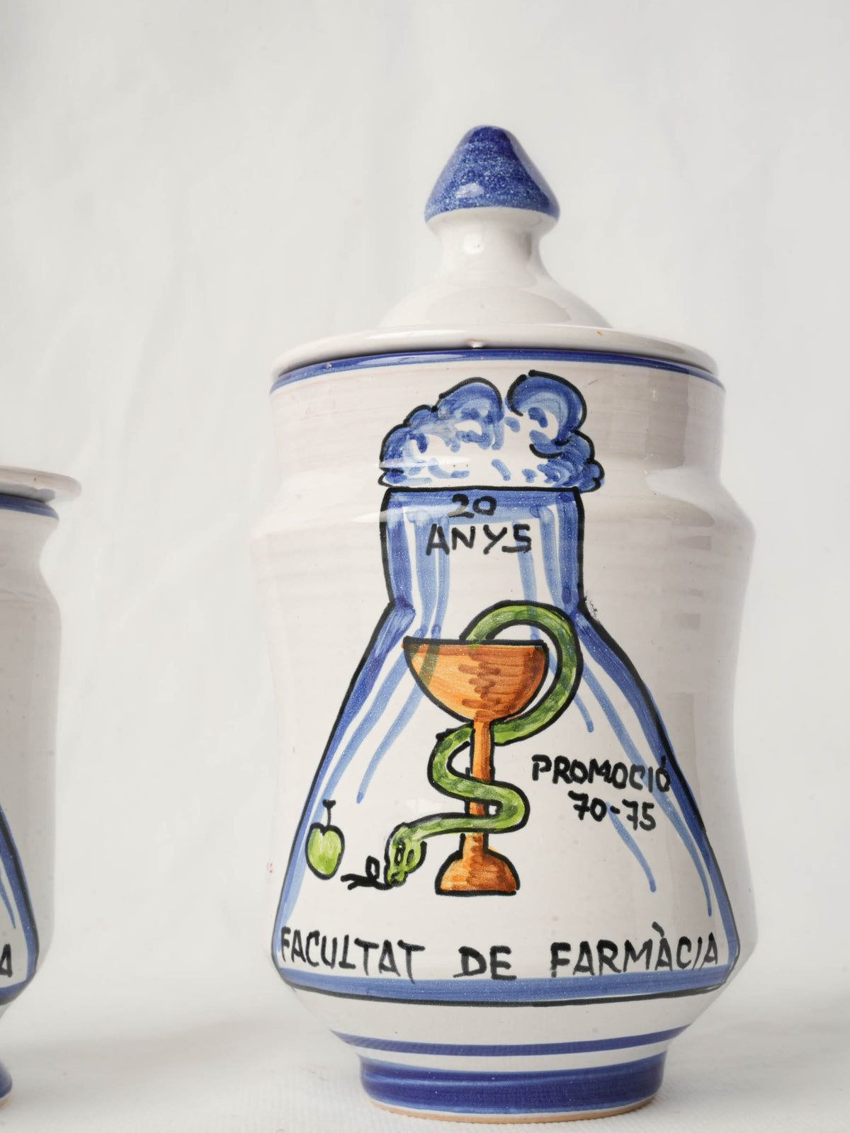 Pair of Spanish Hand-Painted Commemorative Ceramic Pharmacy Jars - 8¼" x 4"