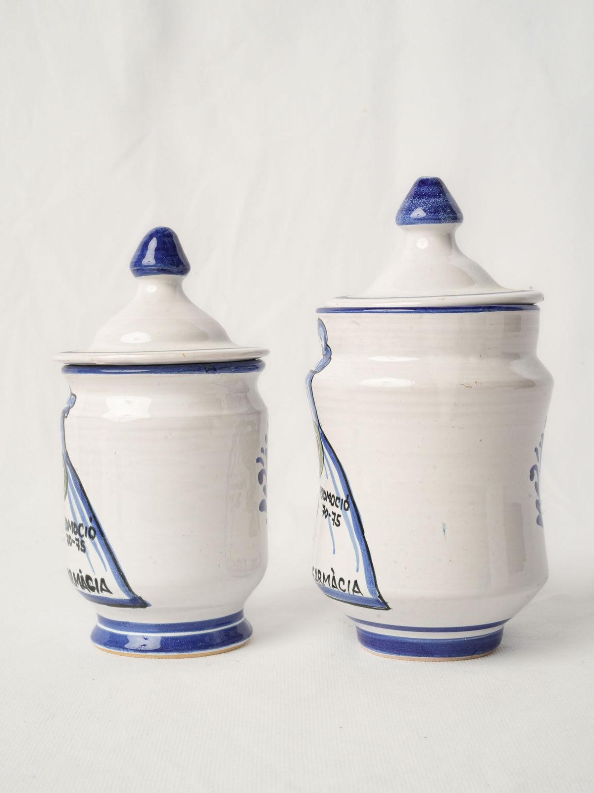 Pair of Spanish Hand-Painted Commemorative Ceramic Pharmacy Jars - 8¼" x 4"