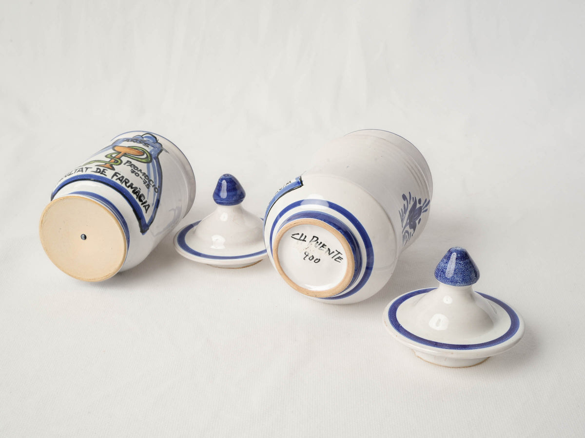 Pair of Spanish Hand-Painted Commemorative Ceramic Pharmacy Jars - 8¼" x 4"