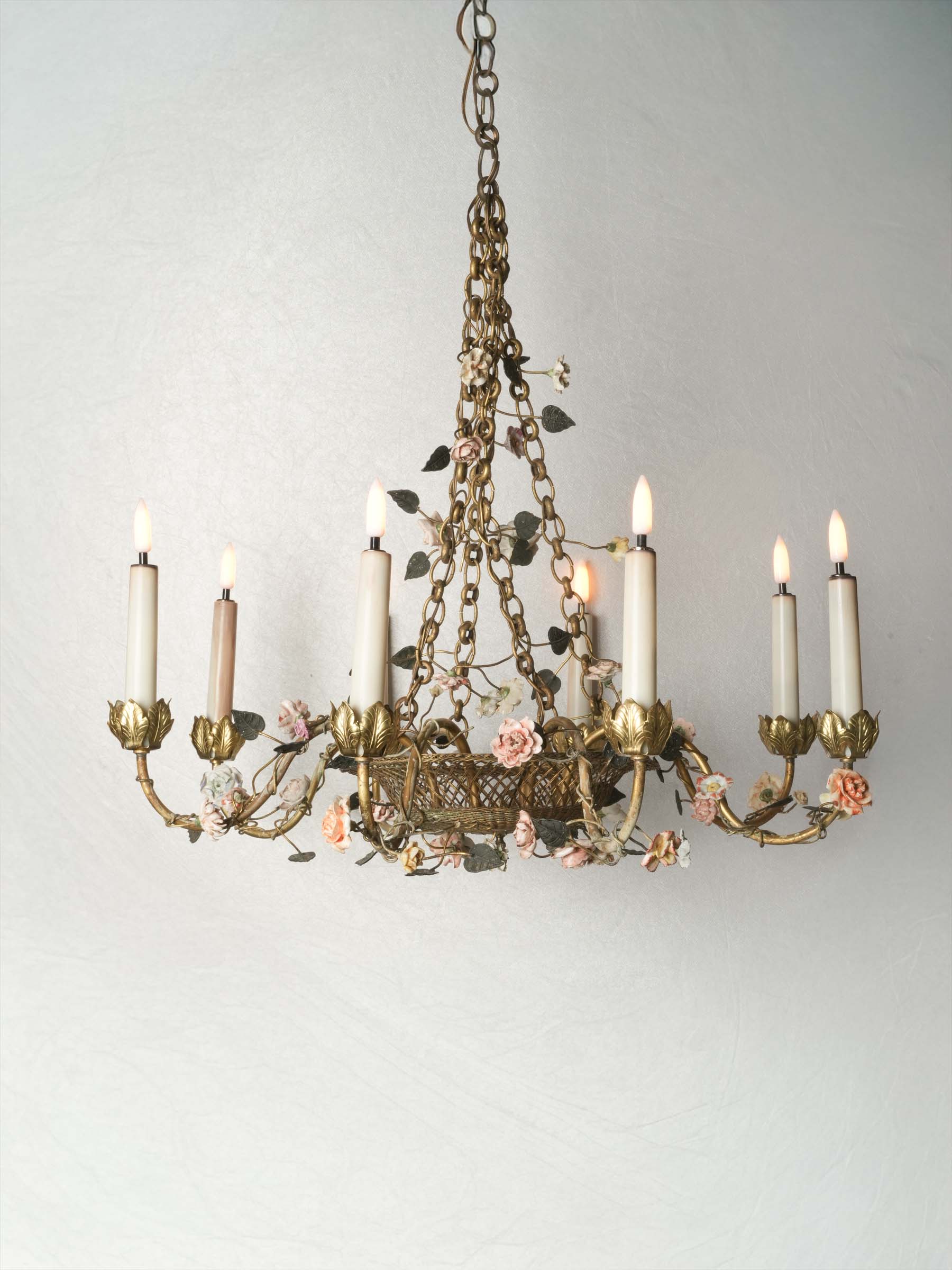 Romantic Eight-Light Gilt Brass Chandelier w/ Porcelain Flowers - 25¼"