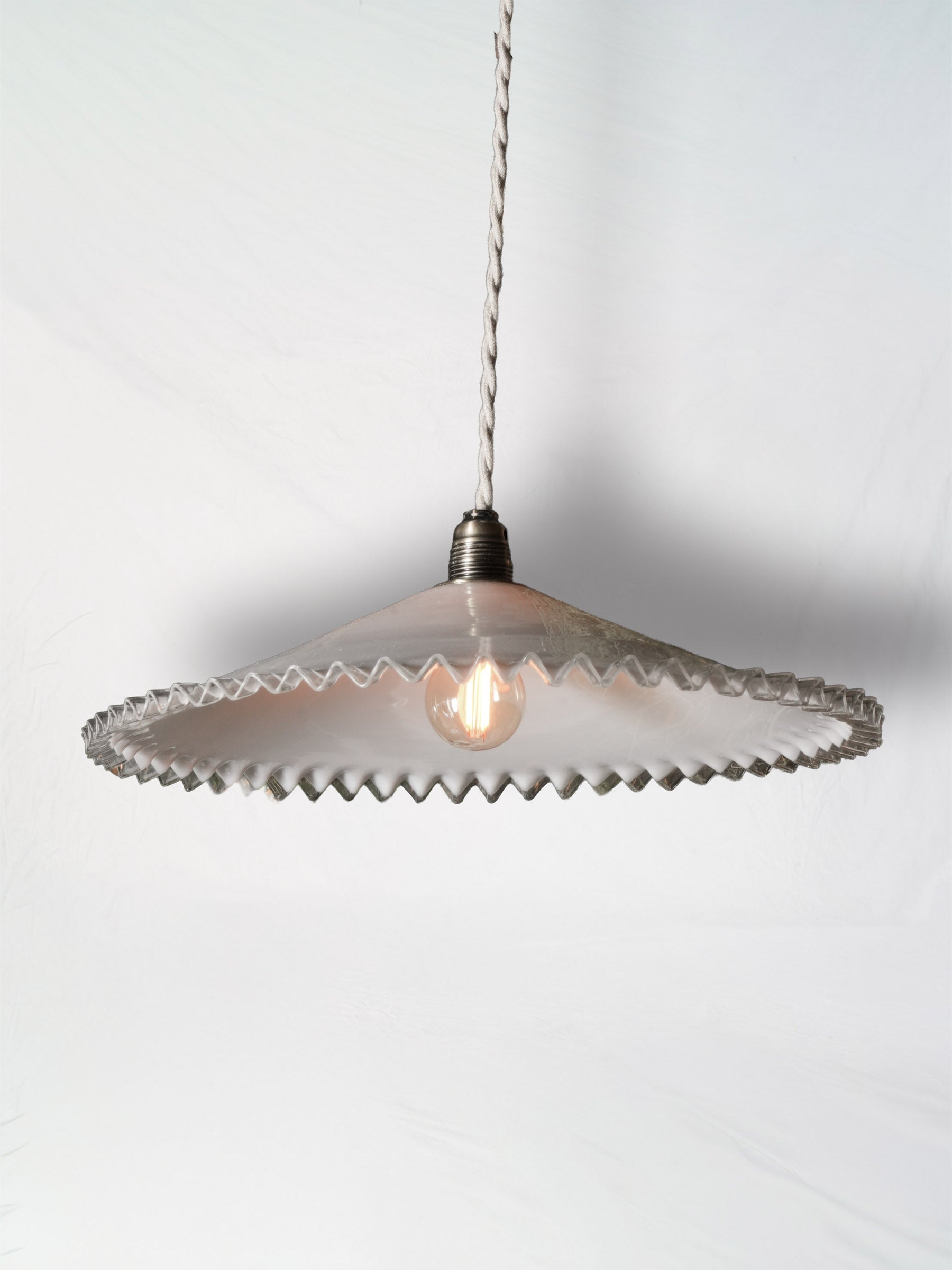 Large French Opaline Pendant Light w/ Ruffled Clear Edge c. 1950 -13¾"