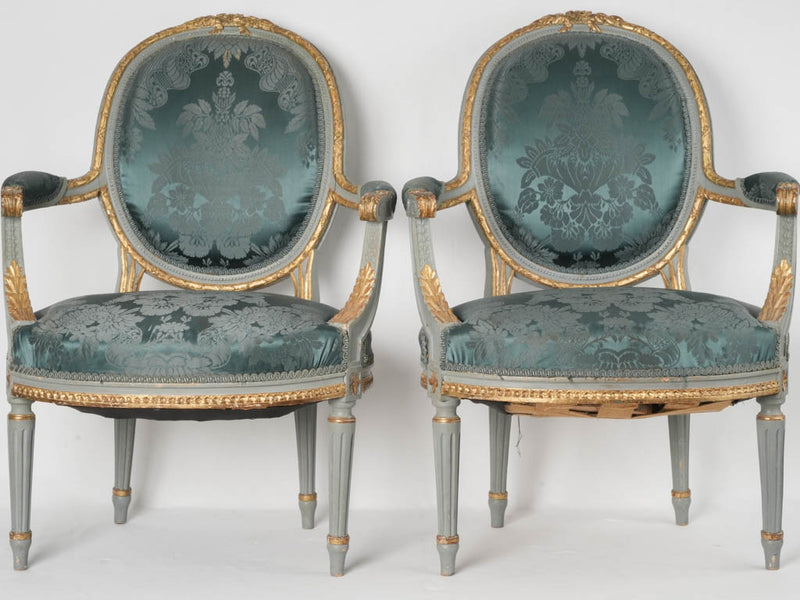 Elegant blue damask Louis XVI chairs 