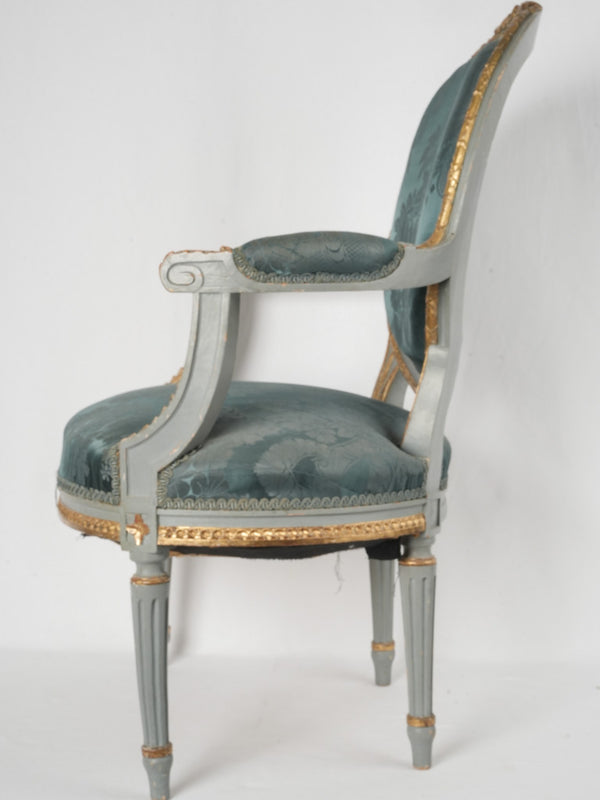 Gilded blue damask medallion-back armchairs