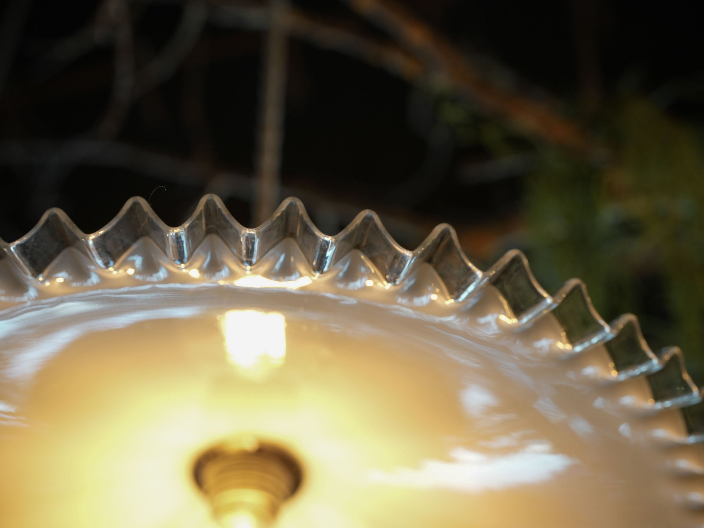 Large French Opaline Pendant Light w/ Ruffled Clear Edge c. 1950 -13¾"