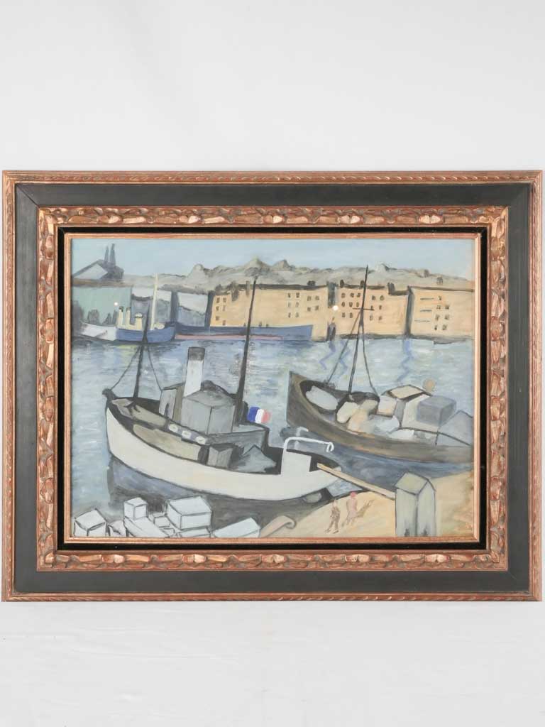 1940s gouache on paper - Mediterranean fishing village - 27¼" x 33¾"