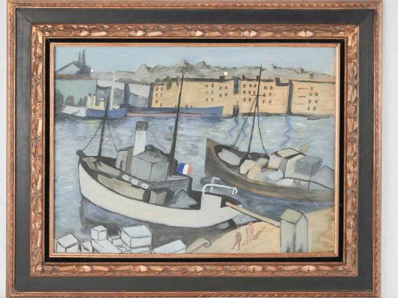 1940s gouache on paper - Mediterranean fishing village - 27¼" x 33¾"