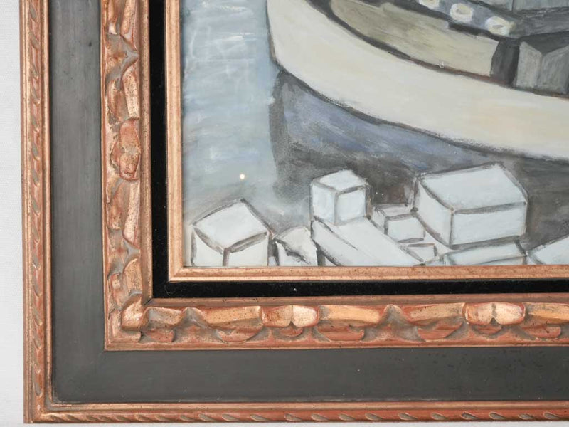 1940s gouache on paper - Mediterranean fishing village - 27¼" x 33¾"