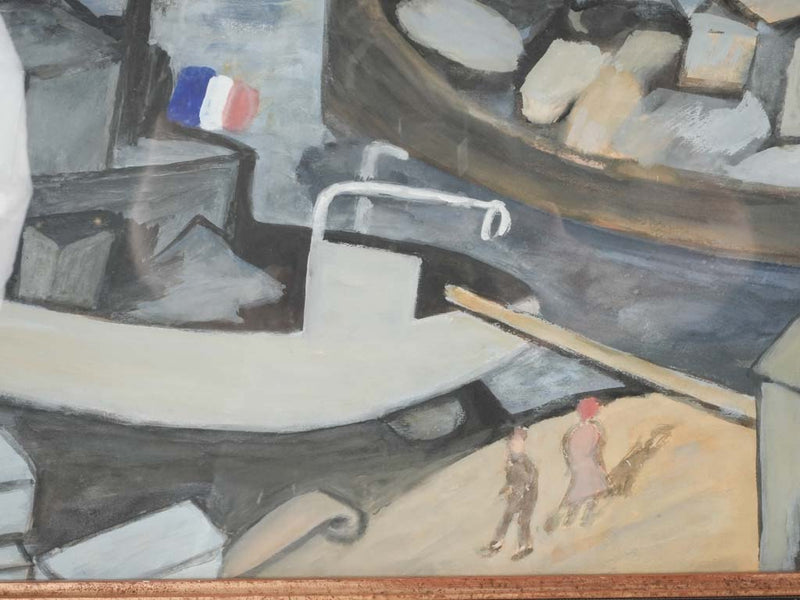 1940s gouache on paper - Mediterranean fishing village - 27¼" x 33¾"
