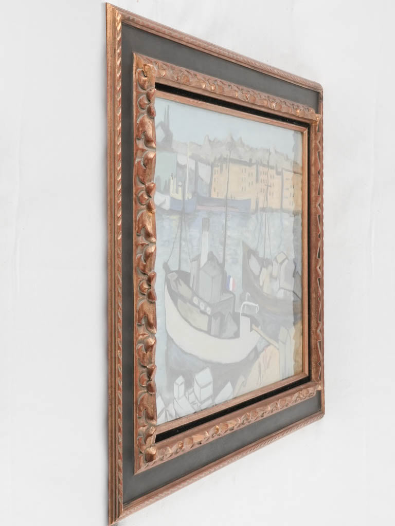 1940s gouache on paper - Mediterranean fishing village - 27¼" x 33¾"