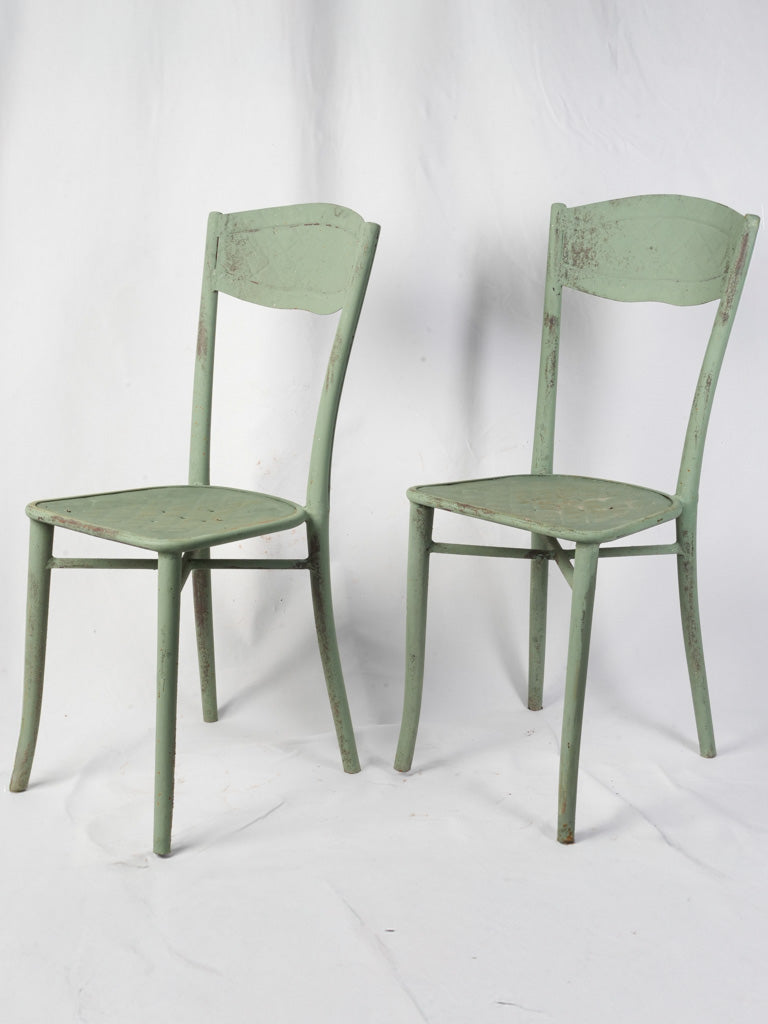 Pair of French Bistro Chairs in Painted Sheet Metal w/ Celadon Finish c. 1930 - 34¾"
