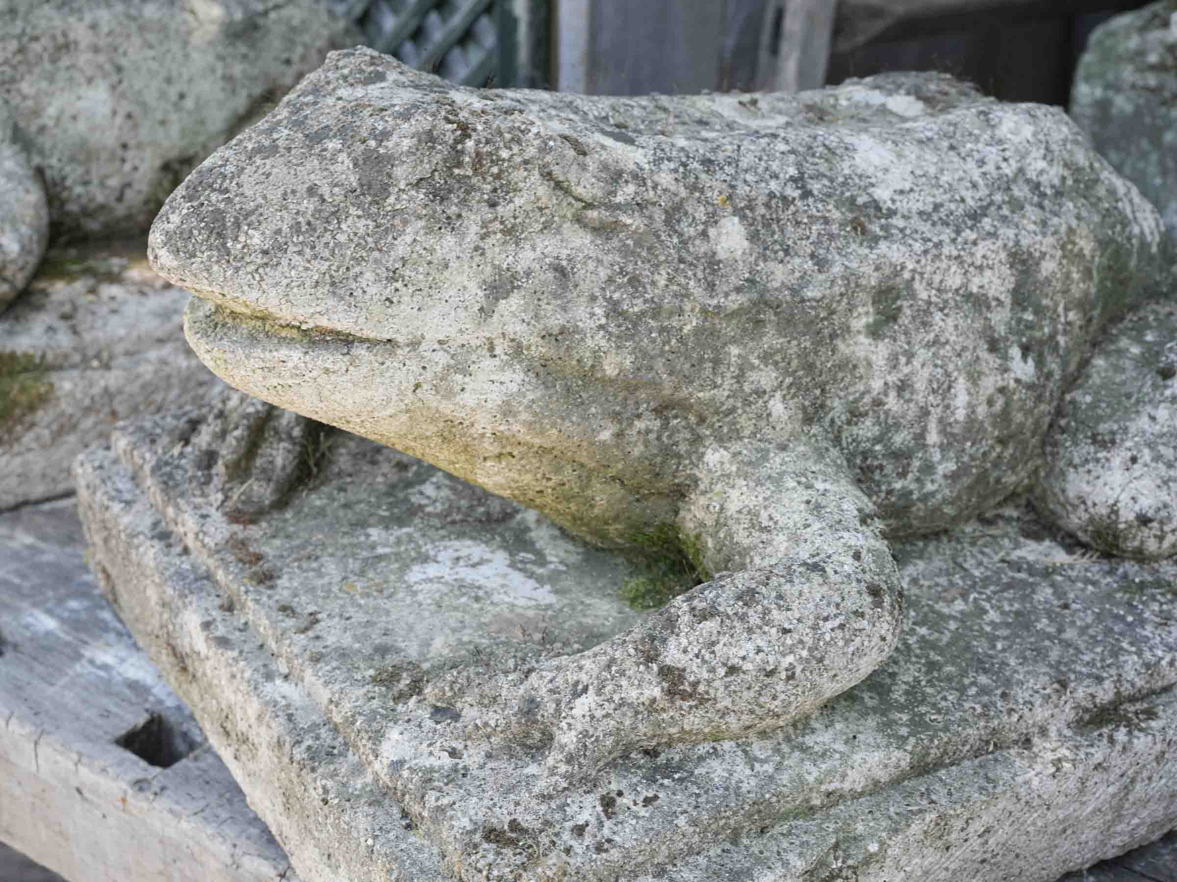 Set of Four Cast Stone Garden Frogs with Moss Patina