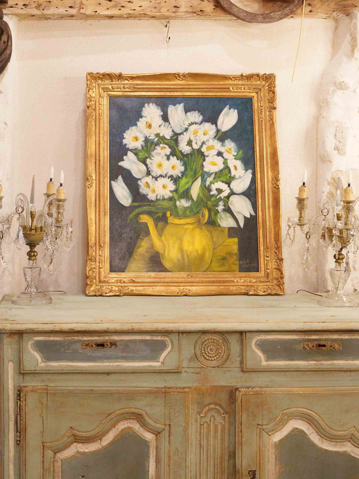 Vibrant Floral Still Life w/ White Flowers in a Teapot -32" x 28"
