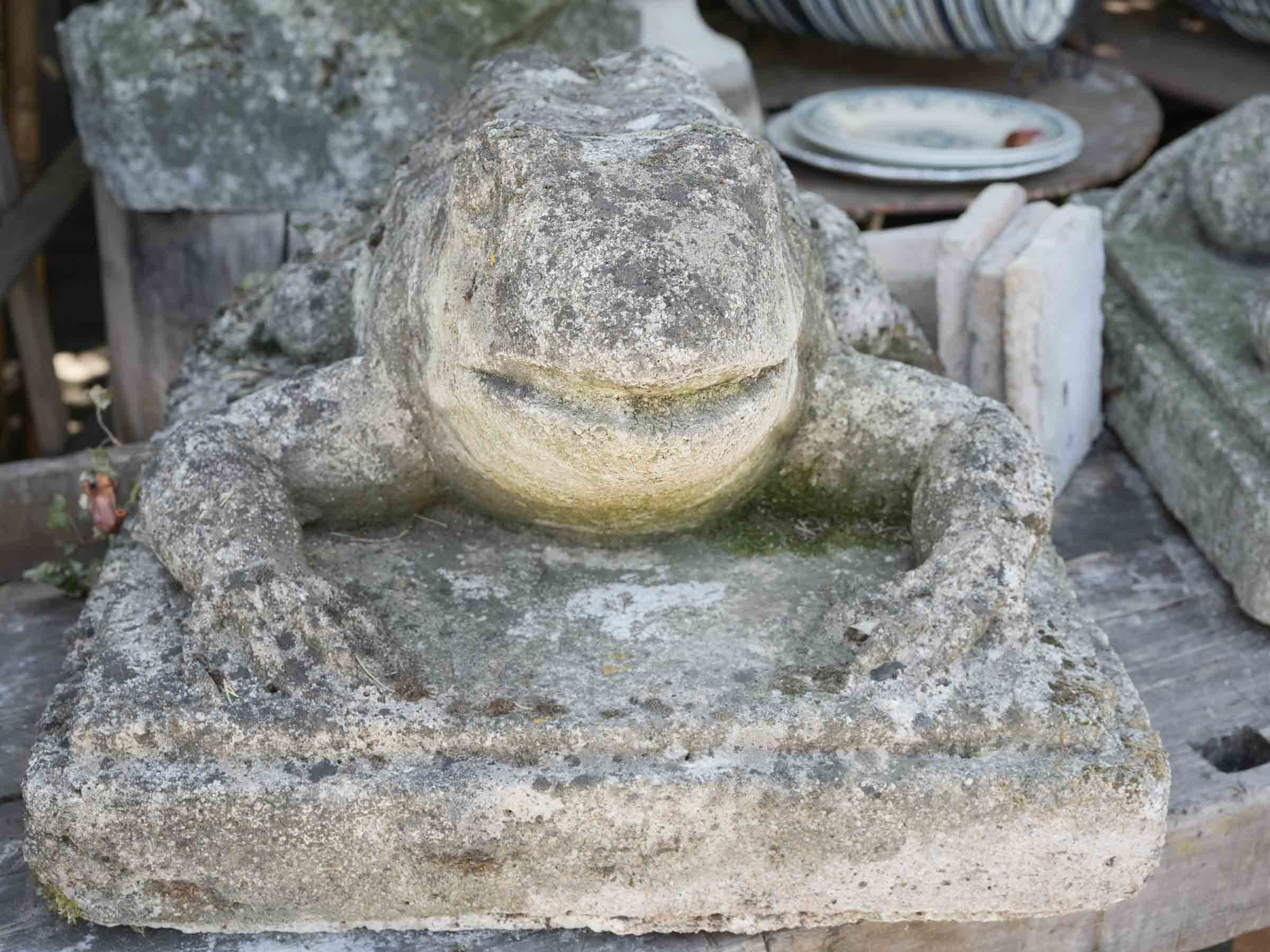Set of Four Cast Stone Garden Frogs with Moss Patina