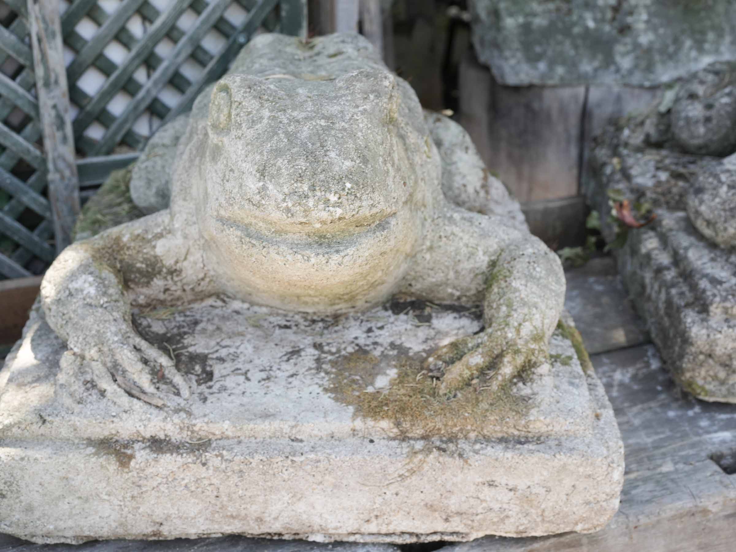 Set of Four Cast Stone Garden Frogs with Moss Patina