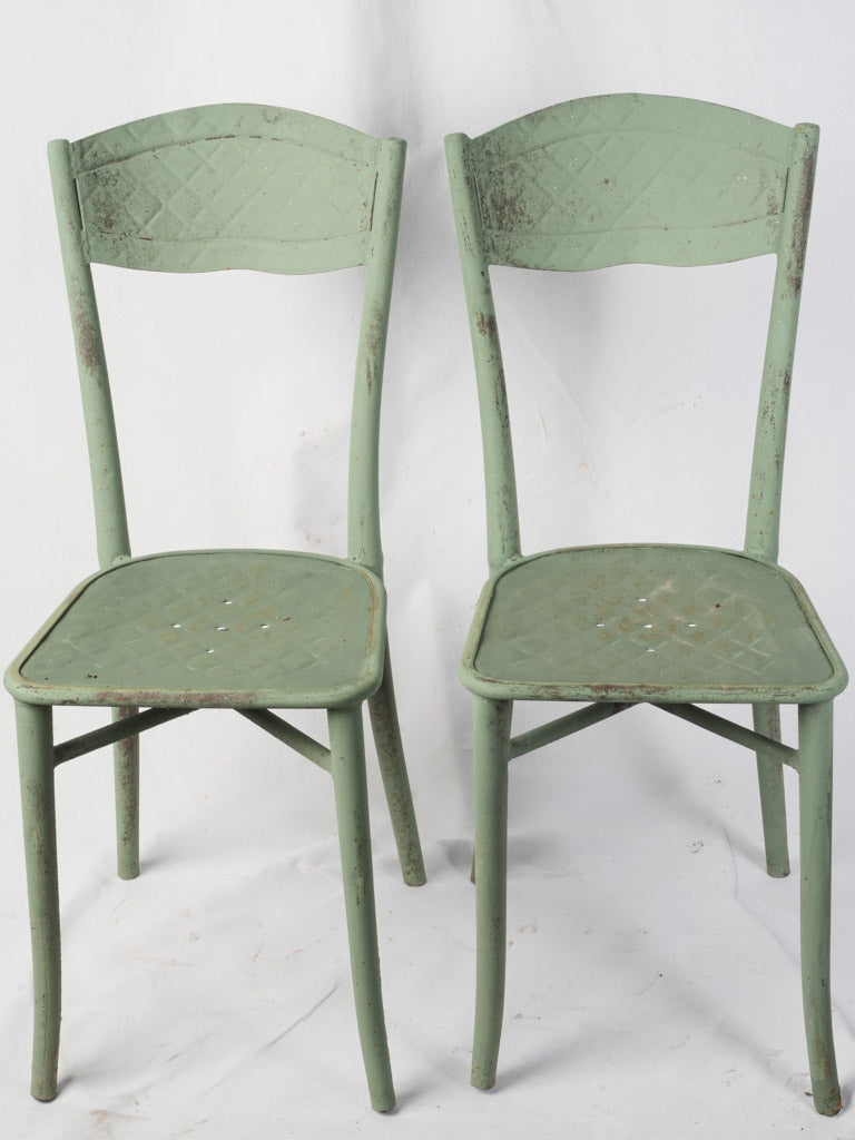 Pair of French Bistro Chairs in Painted Sheet Metal w/ Celadon Finish c. 1930 - 34¾"