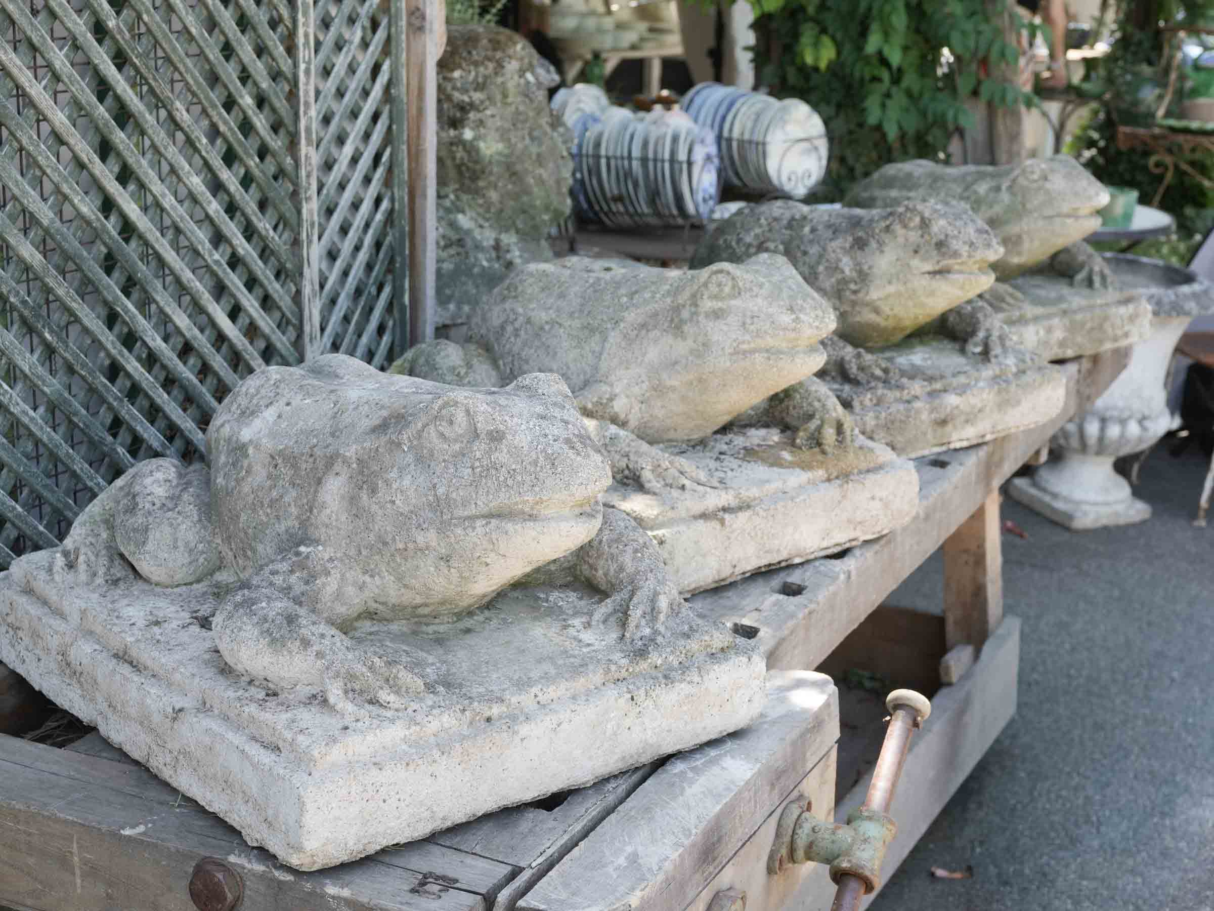 Set of Four Cast Stone Garden Frogs with Moss Patina