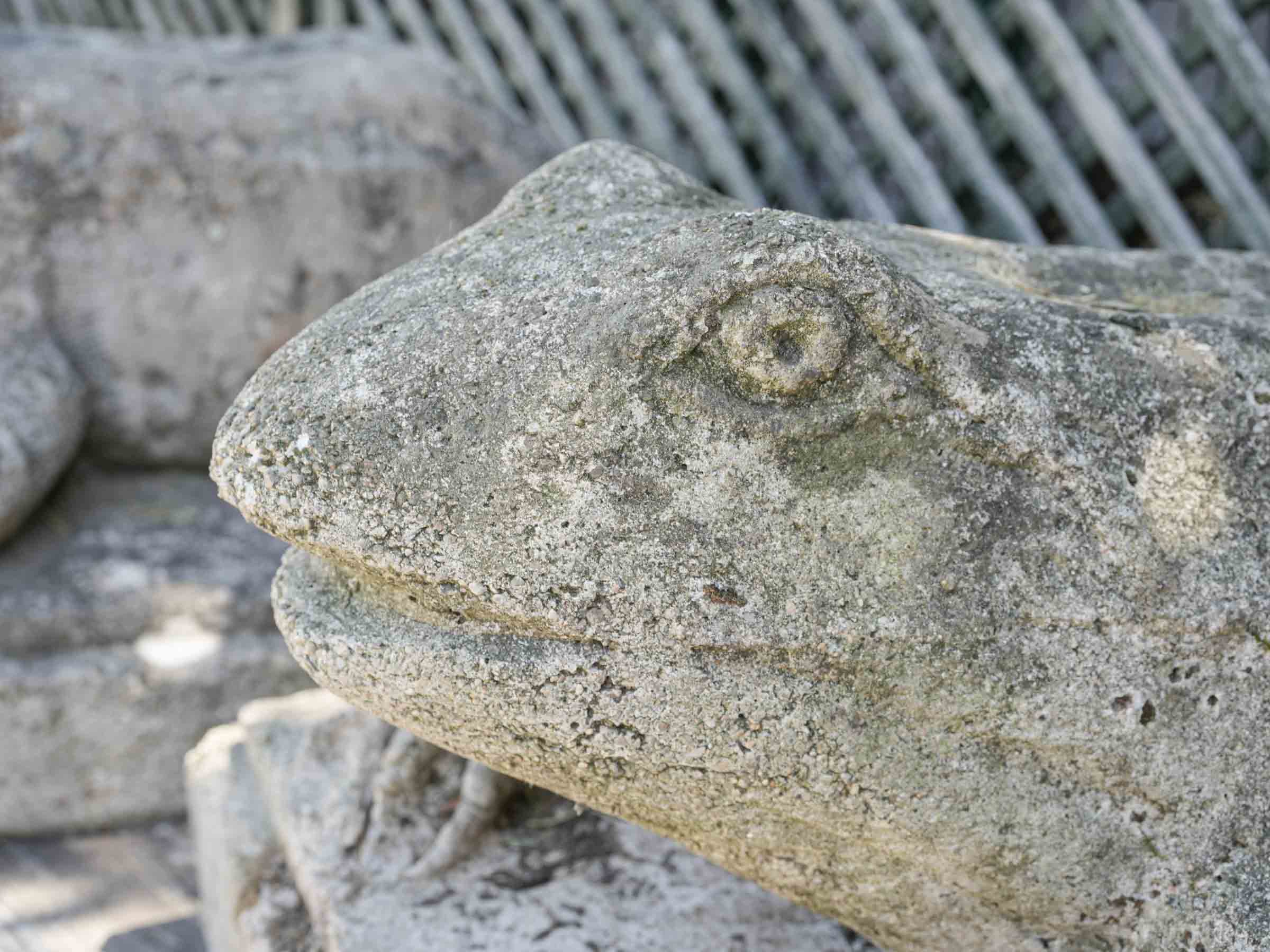 Set of Four Cast Stone Garden Frogs with Moss Patina