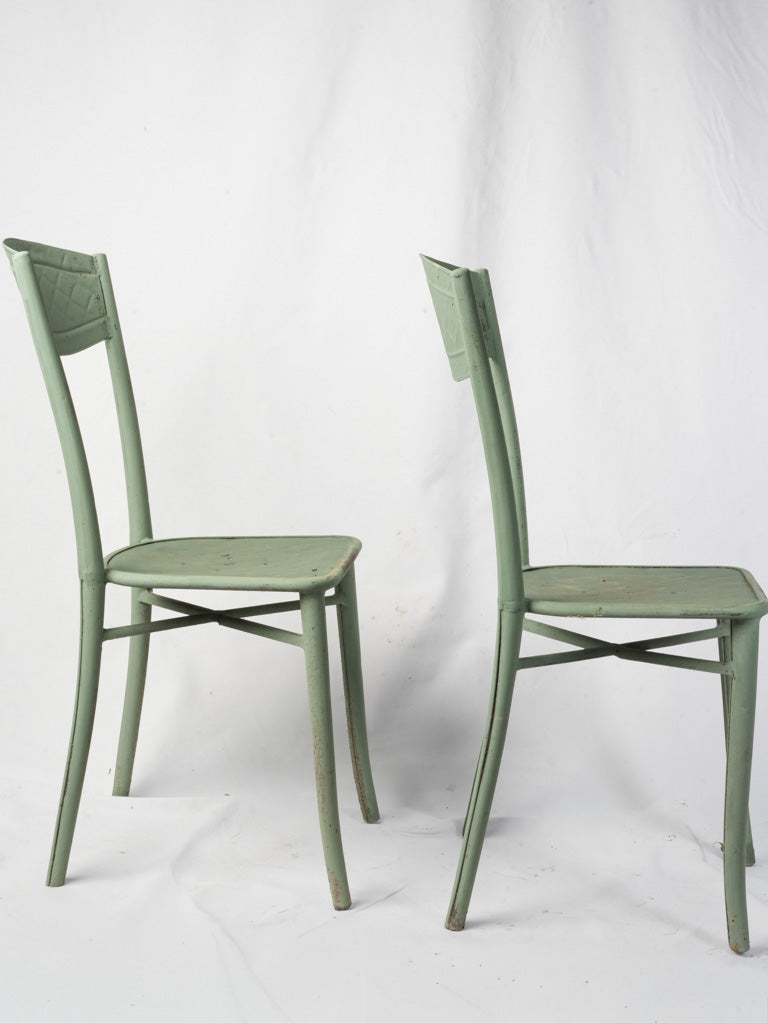 Pair of French Bistro Chairs in Painted Sheet Metal w/ Celadon Finish c. 1930 - 34¾"