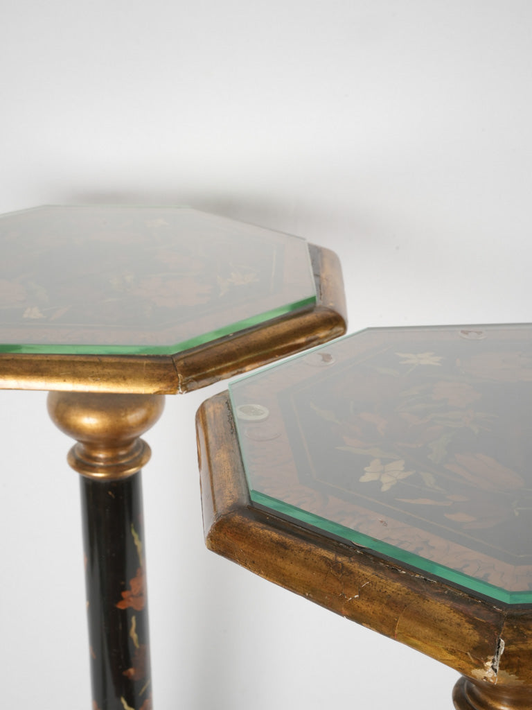 Intricate parcel-gilt ebony walnut side tables