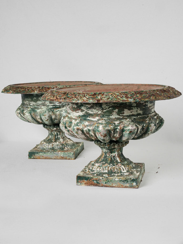Pair of Early 20th-Century Cast-Iron Low Medici Planters w/ Distressed Finish - 13"