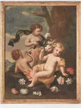 Large Baroque painting of 3 cherubs with flowers - 46" x 35¾"