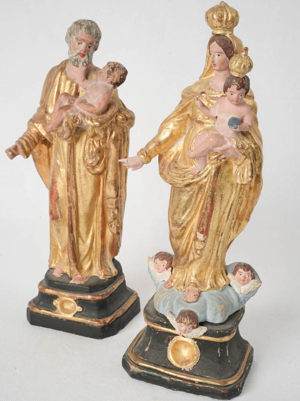 Rare pair of small gilded Santinelli antique religious statuettes 11"