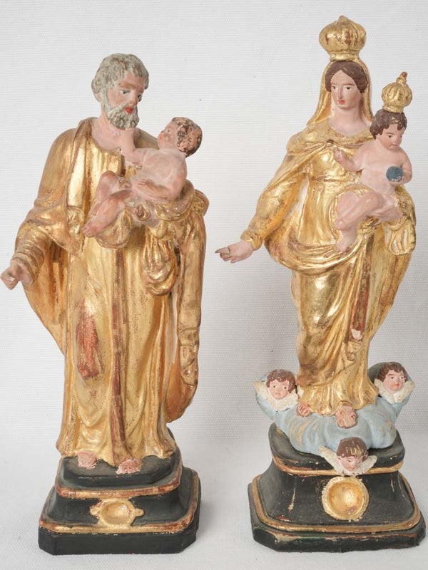 Rare pair of small gilded Santinelli antique religious statuettes 11"