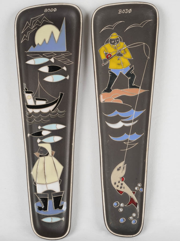 Vintage ceramic fishing scene plaques